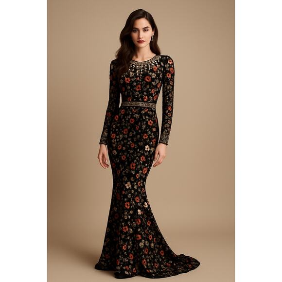 MAC DUGGAL 93925 Black Mutlicolored Beaded Sequin Long Sleeves Formal Dress sz 2
